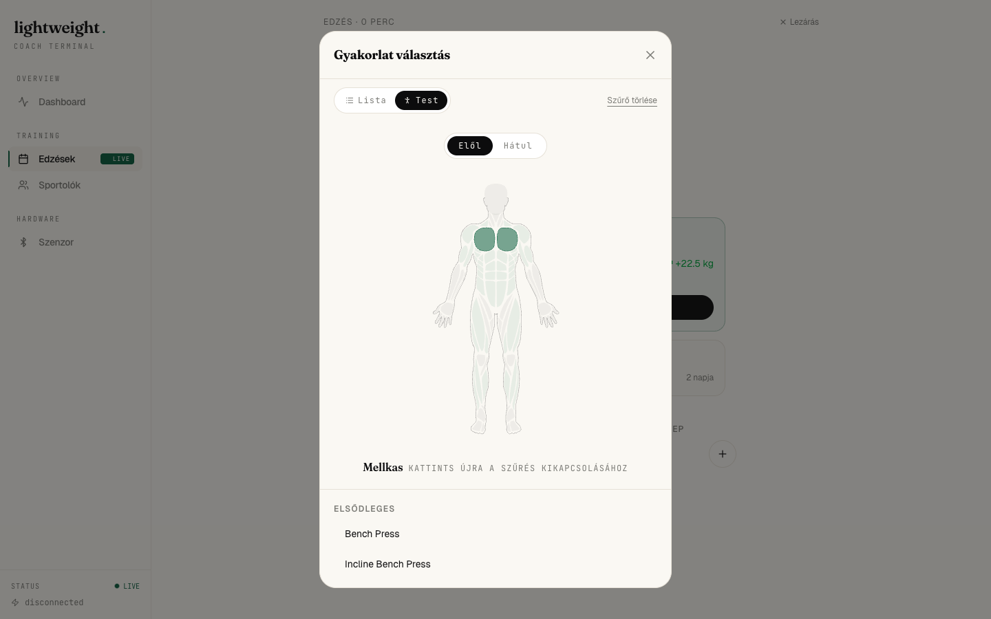 Gyakorlatválasztó body-map nézet mellkas izomcsoport kiválasztva